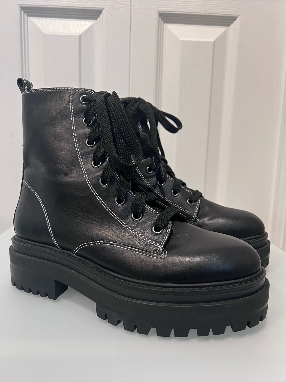 Topshop Alanis Black Leather Lace Up Platform Combat Boots Size 38